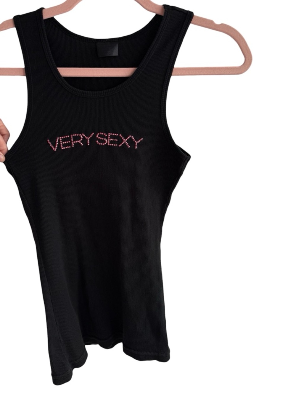 Rare Y2K Victoria's Secret Black Ribbed Tank Top Very Sexy Hot Pink Rhinestones
